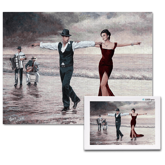 jigsaw puzzle, an art design puzzle after the oil painting The Beach Quartet Lady In Red by Theo Michael, includes box