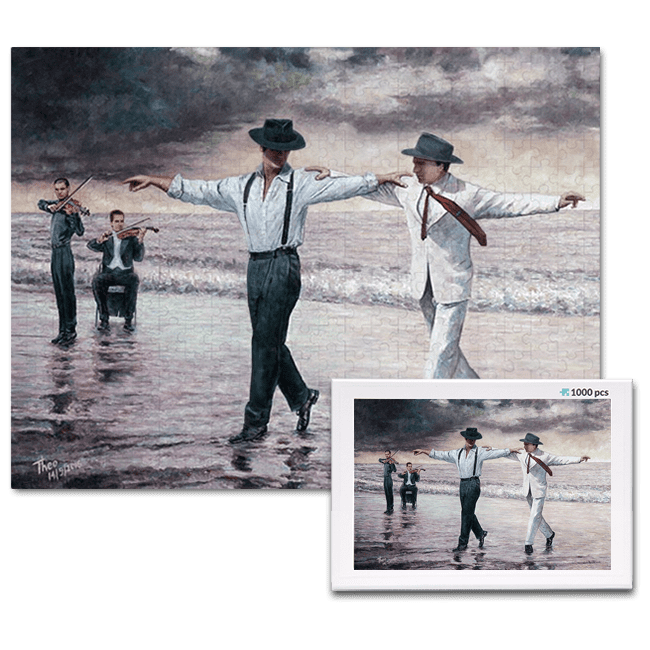 jigsaw puzzle, an art design puzzle after the oil painting The Beach Quartet by Theo Michael, includes box