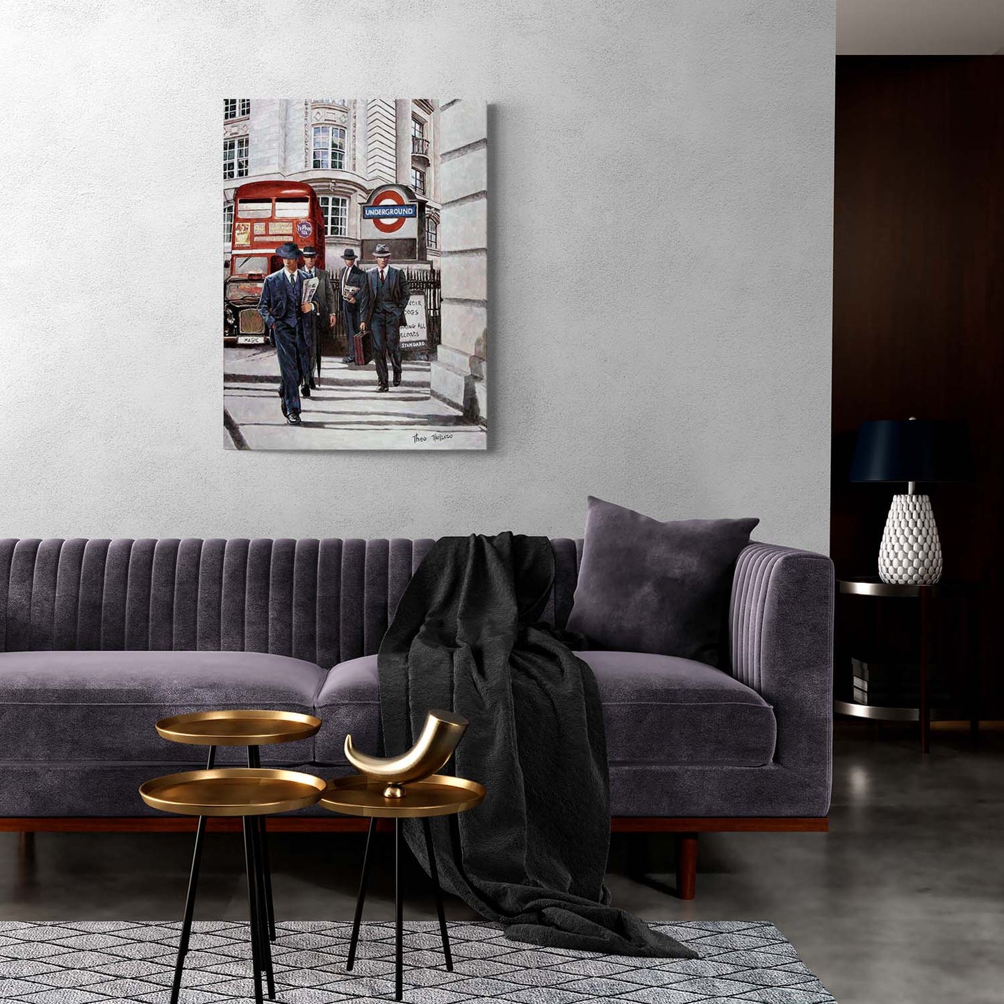 Canvas Print painting of London with iconic bus and taxi by Theo Michael inspired by Quentin Tarantino's Reservoir Dogs