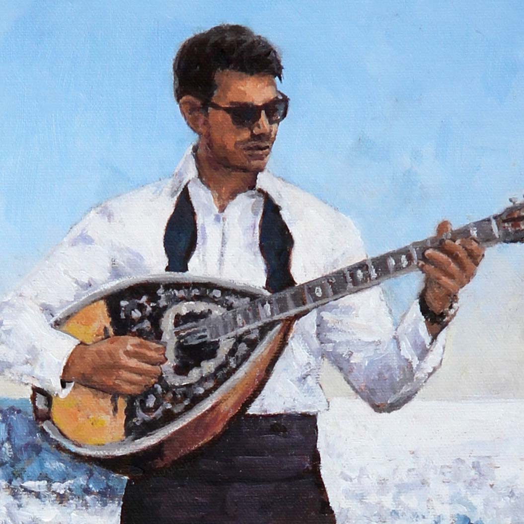 Cyprus oil painting, Bouzouki by the Beach