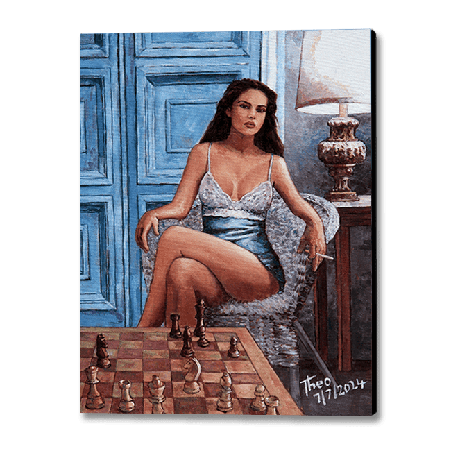 Pin Up Chess painting by Theo Michael, a woman sitting provocatively on a wicker chair playing a game of chess