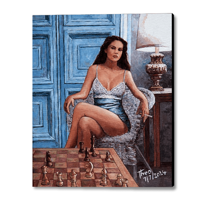 Pin Up Chess painting by Theo Michael, a woman sitting provocatively on a wicker chair playing a game of chess , original oil painting