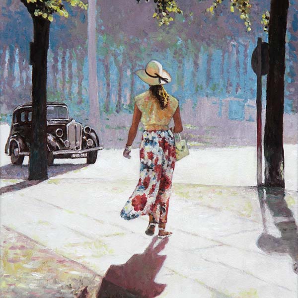 Bring Your Walls to Life with Art by Theo Michael: High-Quality Fine Art Print of a woman walking down the street on a summer's day