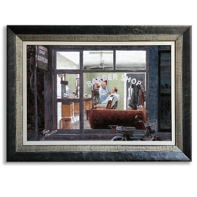 oil painting The Barbershop by Theo Michael featuring a barber at his craft