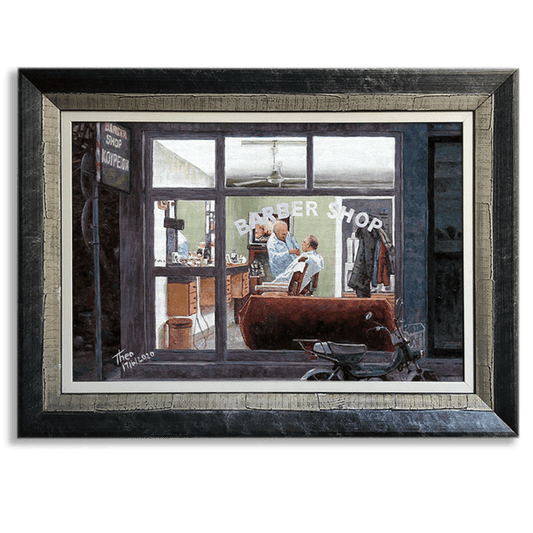 oil painting The Barbershop by Theo Michael featuring a barber at his craft