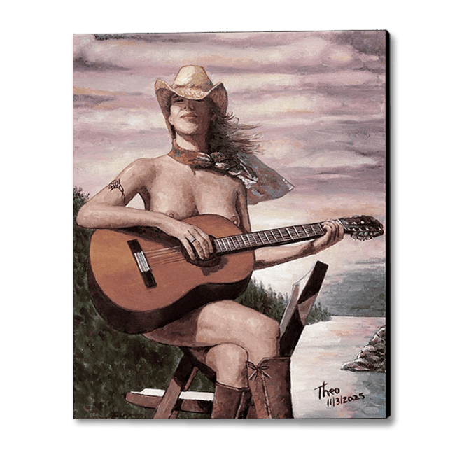 Pin Up oil painting of a female guitar player wearing only a hat, boots and a scarf by Theo Michael