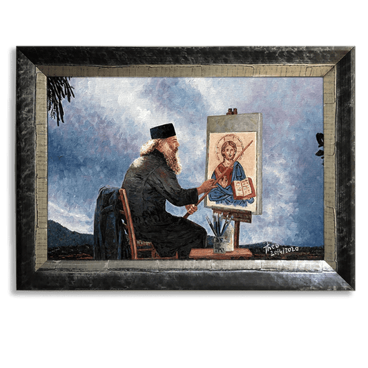 oil painting of a traditional Cypriot priest painting an icon by Theo Michael