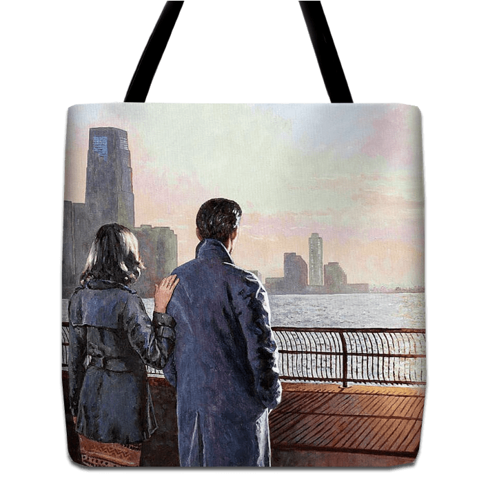 Tote bag unique art design by Theo Michael, a reproduction of the oil painting A New Horizion