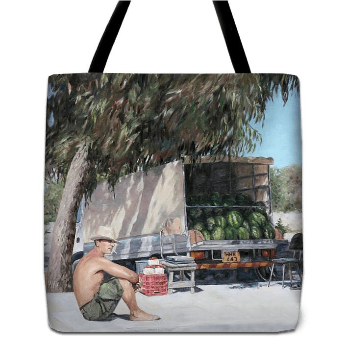 Tote bag unique art design by Theo Michael, a reproduction of the oil painting The Melon Seller