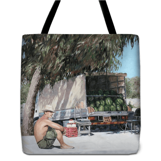 Tote bag unique art design by Theo Michael, a reproduction of the oil painting The Melon Seller
