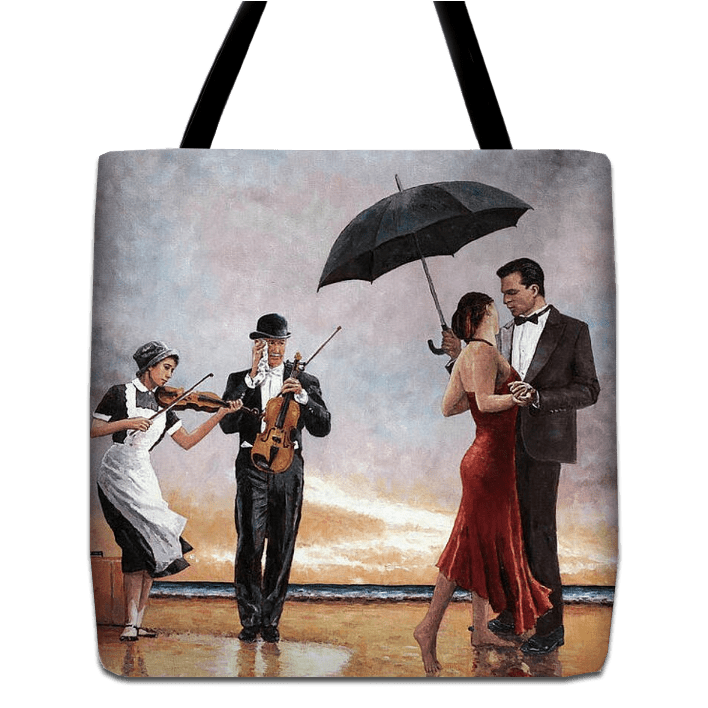 Tote bag unique art design by Theo Michael, a reproduction of the oil painting Tribute To The Singing Butler inspired by Jack Vettriano