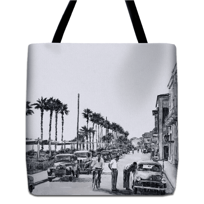 Tote bag unique art design by Theo Michael, a reproduction of the oil painting Athinon Avenue