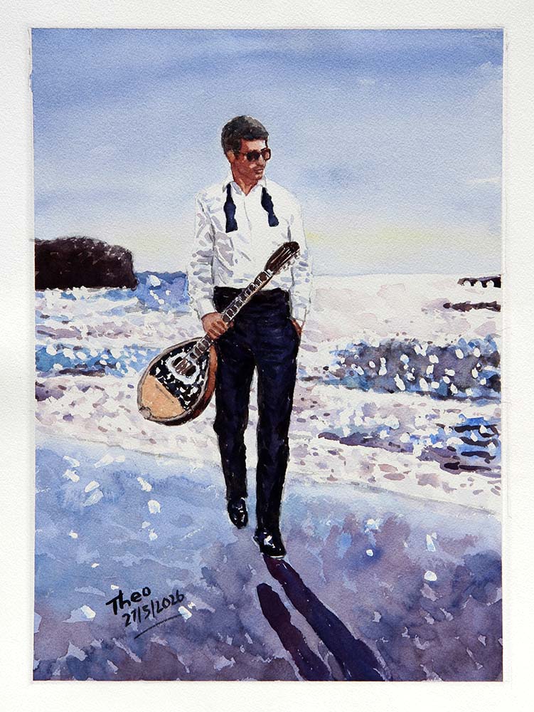 Watercolour painting, The Bouzouki Player by Theo Michael