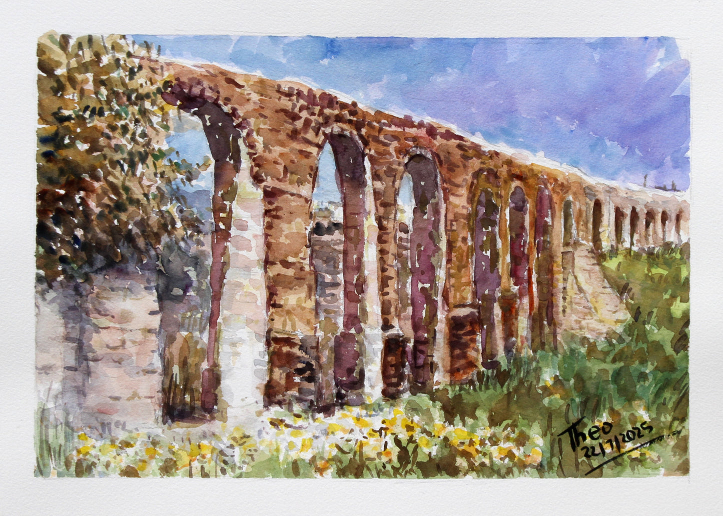Painting of the Aqueduct Kamares in Larnaca by Theo Michael, an ancient stone aqueduct with greenery and typical spring flowers of Cyprus.