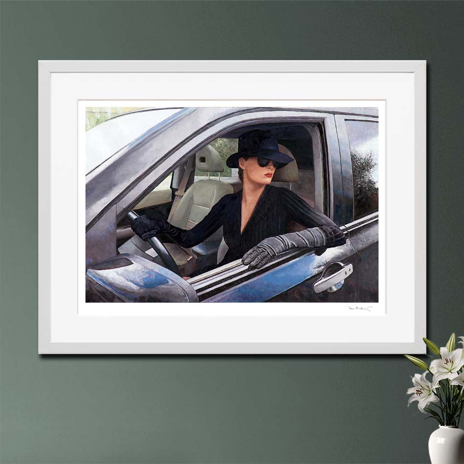 Fine Art Print titled Femme Noir by Theo Michael featuring a femme fatale in a car gazing into the distance through an open car window.