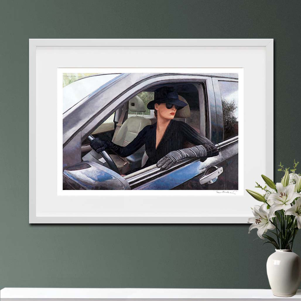 art noir Fine Art Print titled Femme Noir by Theo Michael featuring a femme fatale in a car gazing into the distance through an open window.