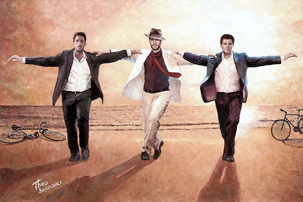 Dance Painting Zorbas Dance by Theo Michael, featuring three men by the beach dancing in the sand. The painting was created in October 2021