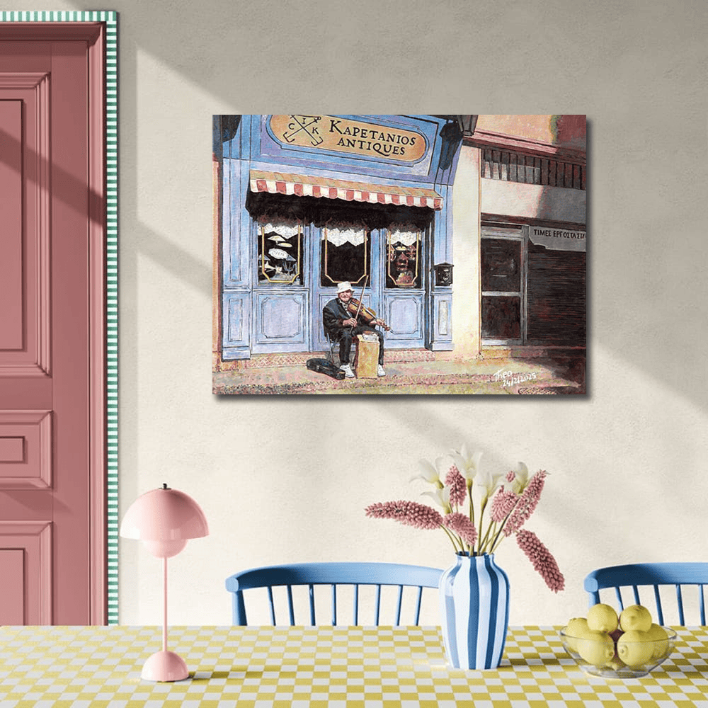 Canvas Print The Antique Store by Theo Michael featuring an elderly man playing the violin outside the shop