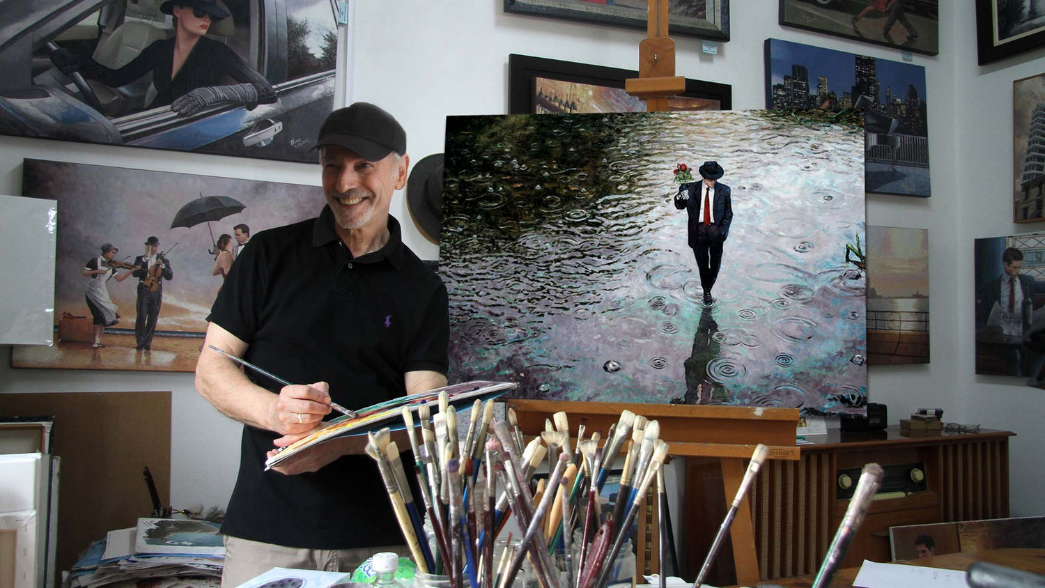 oil painter Theo Michael at work in his art studio in Larnaca Cyprus