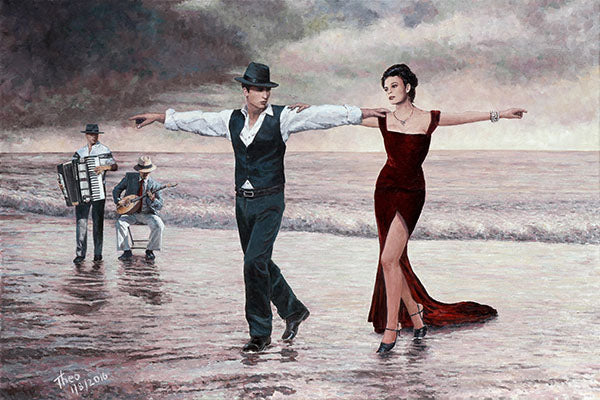 beach painting, dance painting, an oil painting by Theo Michael titled The Beach Quartet Lady In Red