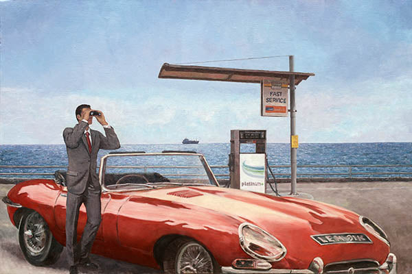 oil painting The E Type Jaguar by Theo Michael, featuring a jaguar at a petrol station with cinematic views across the Mediterranean sea