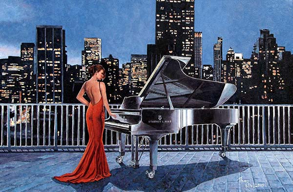 Cinematic oil painting of the New York Skyline by Theo Michael with a female pianist in the foreground