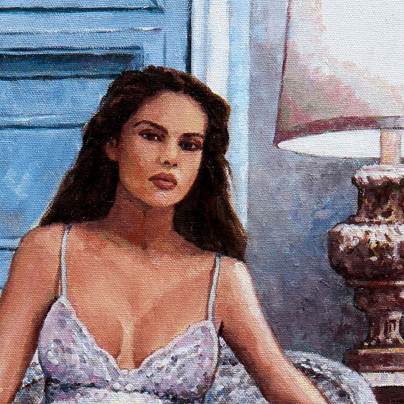 Pin Up Chess oil painting by Theo Michael, a woman sitting provocatively on a wicker chair playing a game of chess, detail.