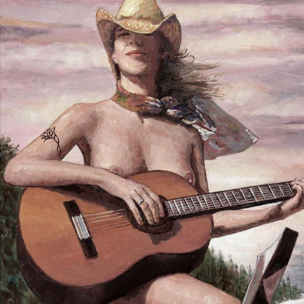 Pin Up oil painting of a female guitar player wearing only a hat, boots and a scarf by Theo Michael, DETAIL.