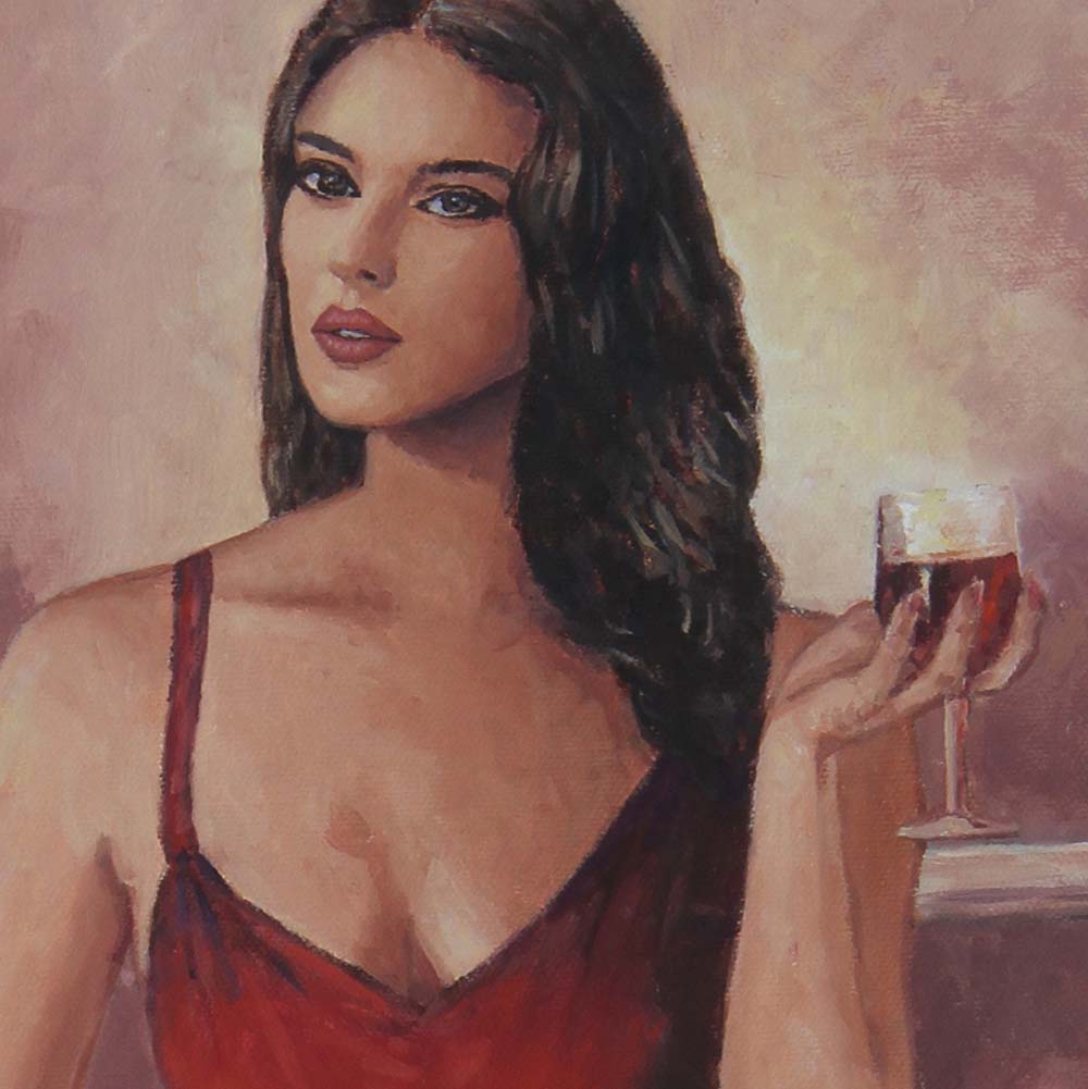 Detail of a Pin Up oil painting of a seductive woman dressed in a red slip dress and standing in front of an antique radiogram sipping a glass of wine. An original oil painting by Theo Michael