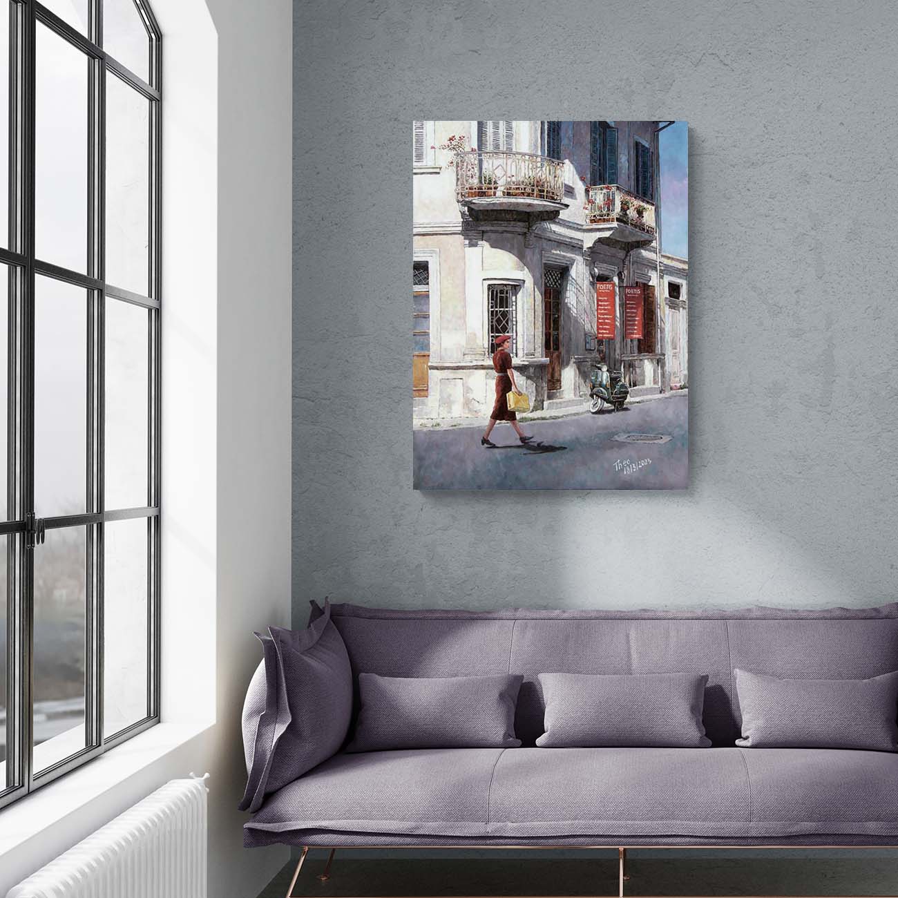 Oil painting the green vespa outside old traditional building in Larnaca Cyprus by Theo Michael