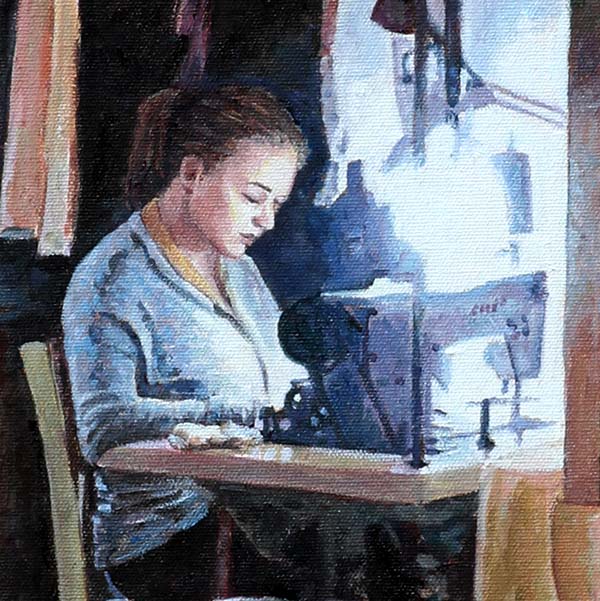 detail of oil painting of Cyprus traditions, The Seamstress by Theo Michael features a young woman busy working at making dresses.