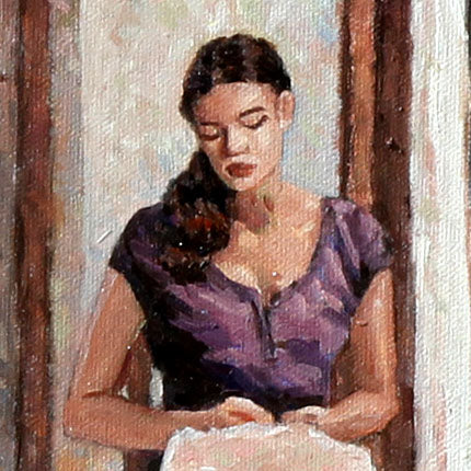 oil painting of Cyprus traditions, The Lace Maker by Theo Michael featuring a young woman in Lefkara practicing the art of lacemaking. Detail of painting.