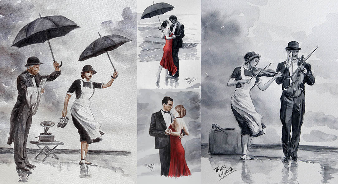 Jack Vettriano watercolour sketches by Theo Michael