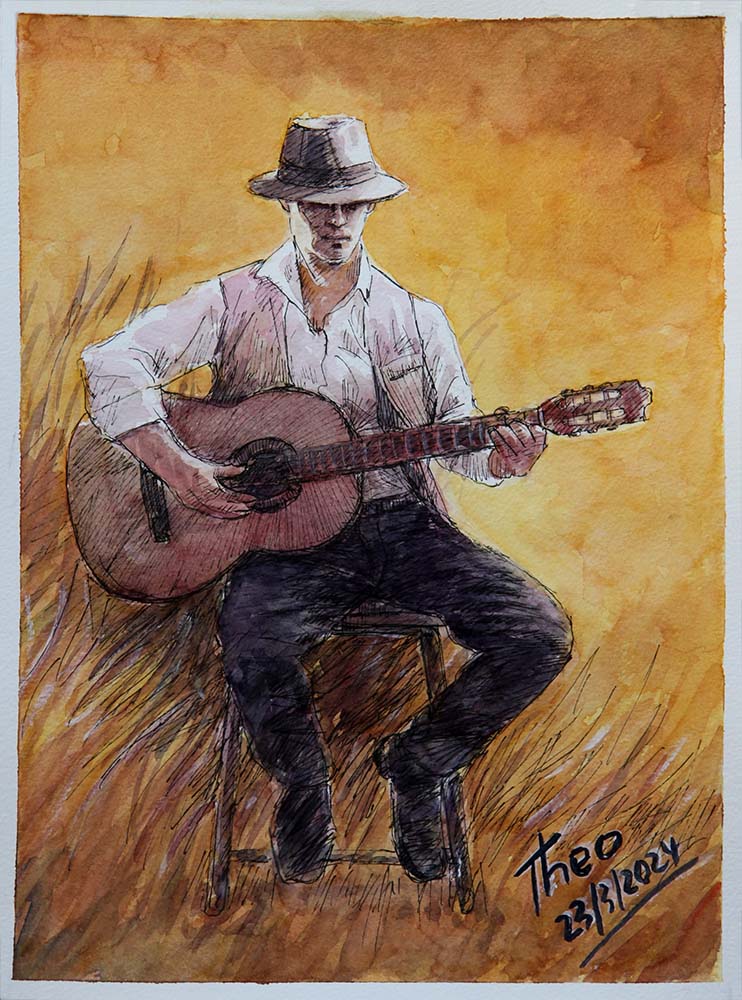 watercolour Line Wash painting by Theo Michael, featuring a guitar player