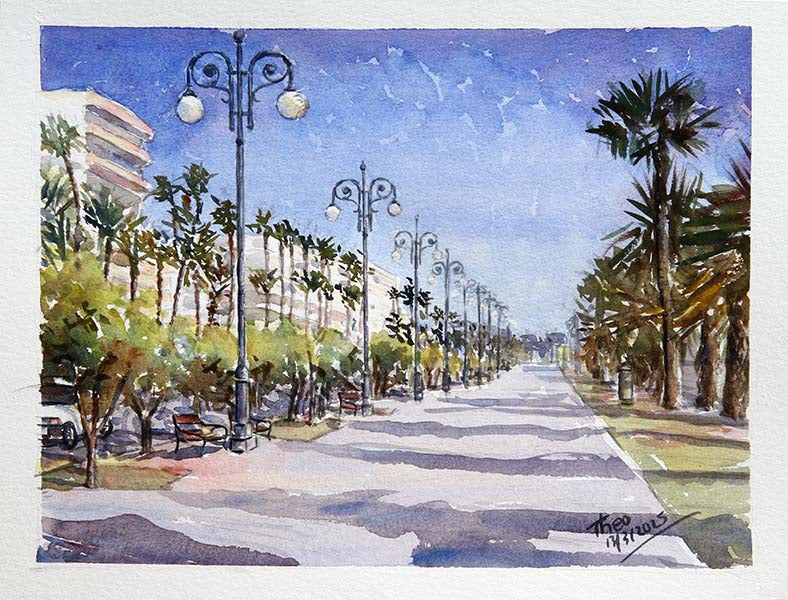 Watercolour painting, Finikoudes Palm Tree Promenade
