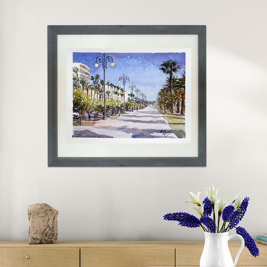Watercolour painting, Finikoudes Palm Tree Promenade