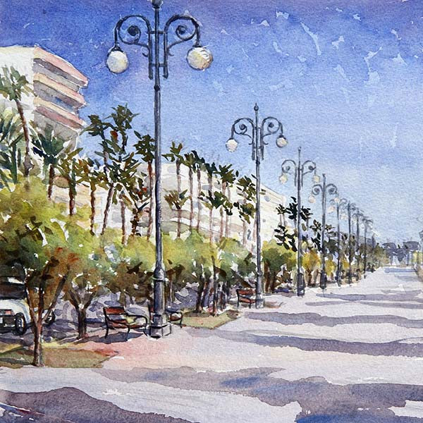 Watercolour painting, Finikoudes Palm Tree Promenade