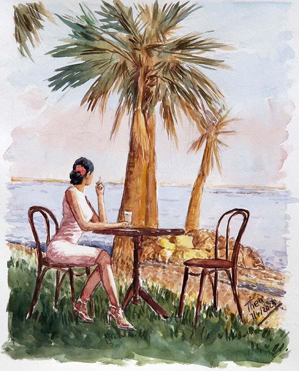 watercolour painting Girl At The Palm Beach, a Mediterranean painting by Theo Michael