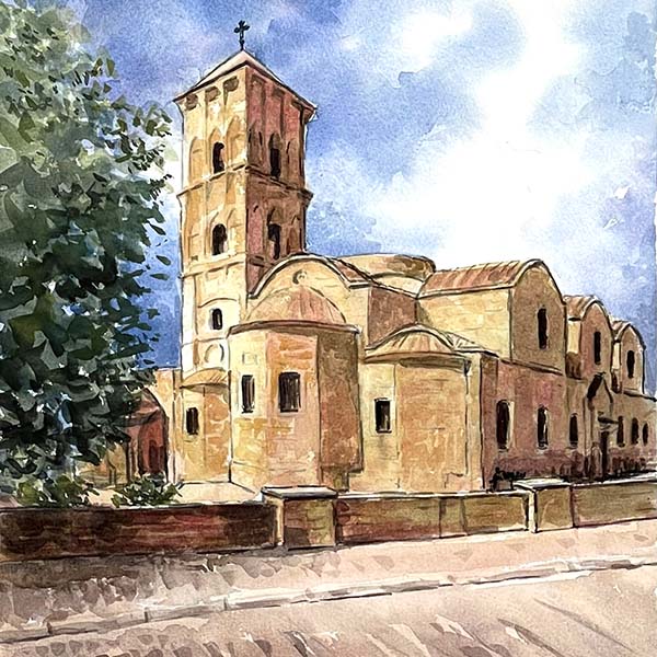 watercolour painting Saint Lazarus Church in Larnaca by Theo Michael, detail.