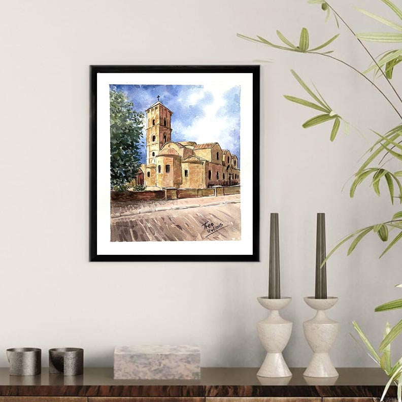Watercolour painting Saint Lazarus Church in Larnaca by Theo Michael, framed.