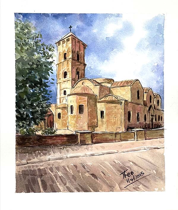 watercolour painting Saint Lazarus Church in Larnaca by Theo Michael.