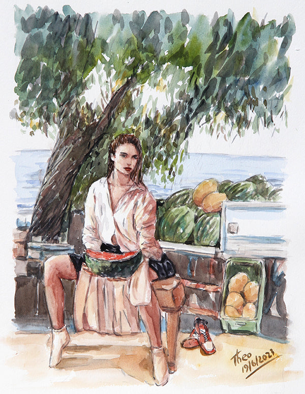 watercolour painting The Melon Girl, a Cyprus painting by Theo Michael