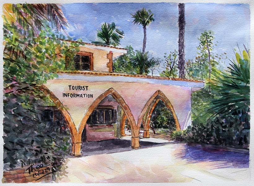 Watercolour painting of Larnaca's Tourist Information Board. An original painting by Theo Michael featuring a historic building in Cyprus surrounded by palm trees and tropical greenery