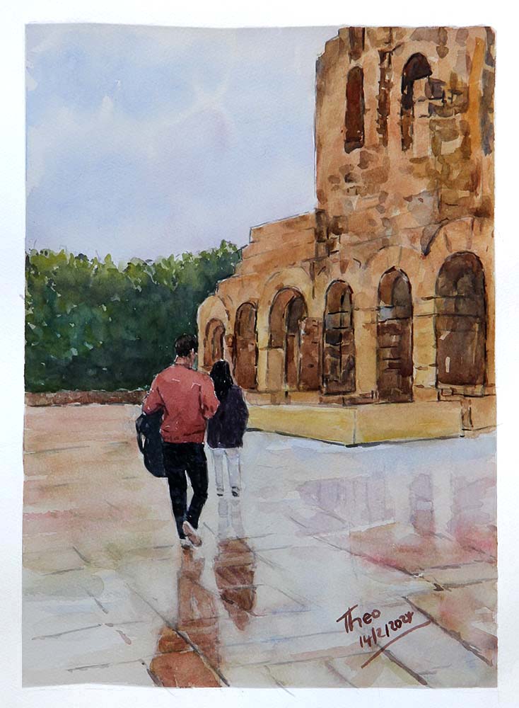 watercolour painting by Theo Michael featuring a couple at the foot of the Acropolis hill in Athens on a rainy day