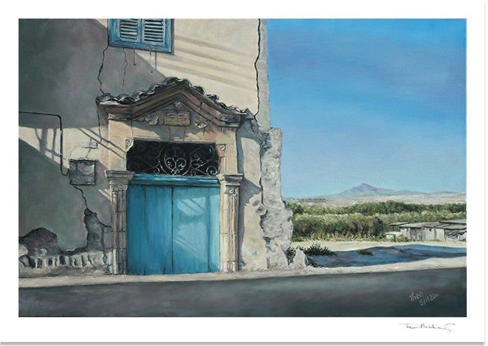 Traditional Cyprus, Blue Door Fine Art Print of Stavrovouni by Theo Michael