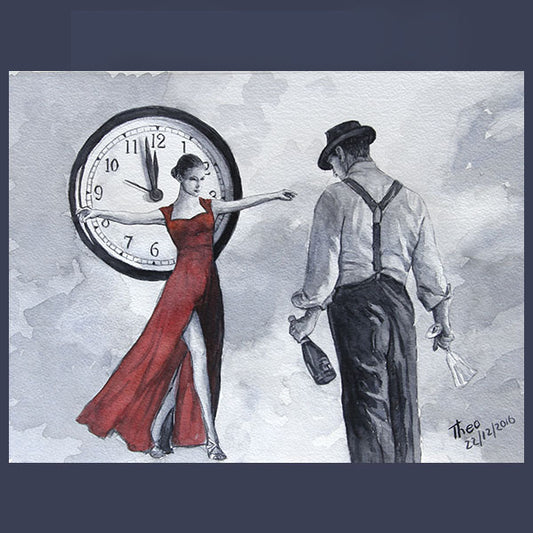 Original paintings Theo Michael, watercolour study Five To Midnight