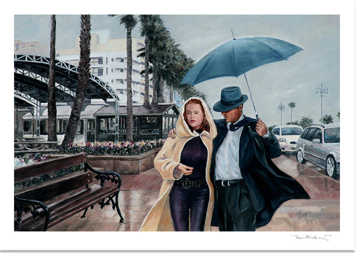 Art Noir Fine Art Print by Theo Michael, Larnaca Promenade in the rain