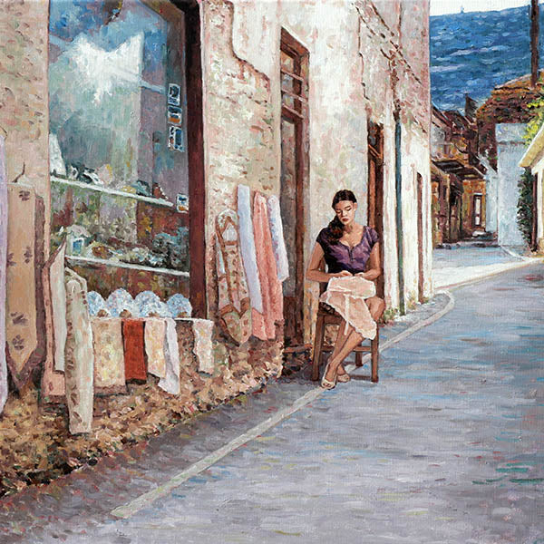 Traditional Cyprus painting The Lace Maker, Lefkara traditions