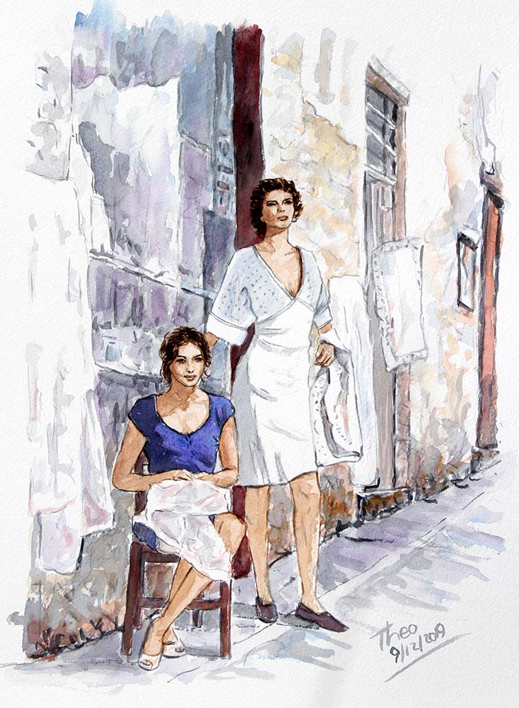 Watercolour sketch, Lefkara Lace by Theo Michael