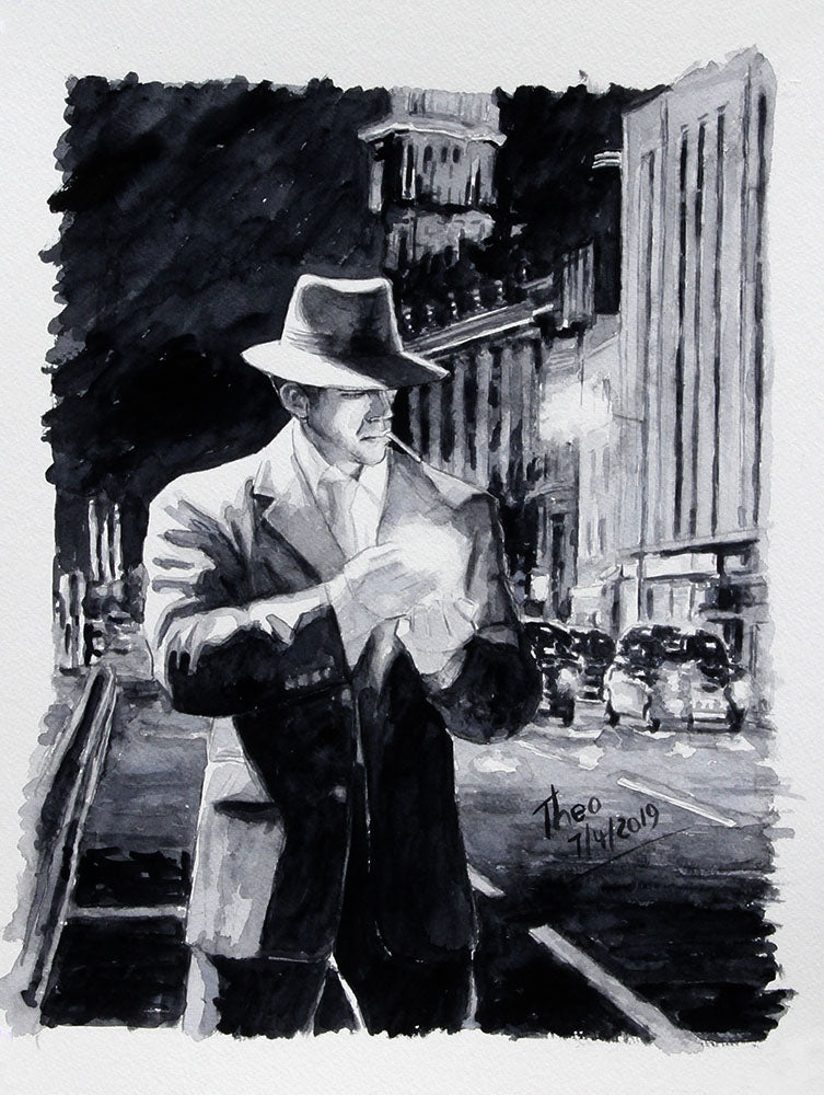 Original Watercolour sketch of a London Street Scene At Night
